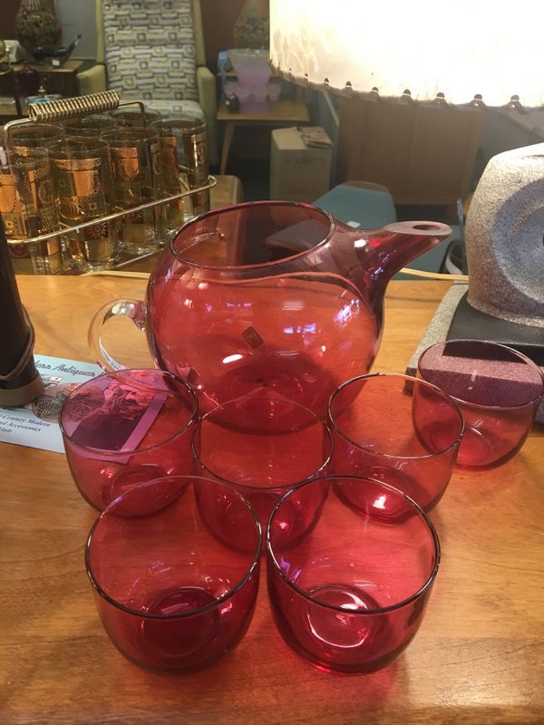 Vintage Hand Blown Made in shops Italy Cranberry Cocktail Squat Pitcher with Six Roly Poly Tumblers Sticker still Intact