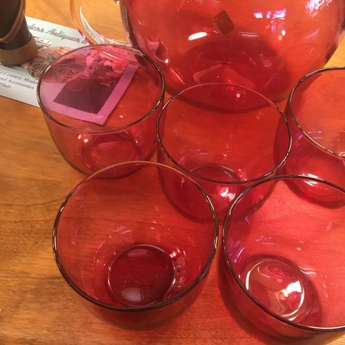 Vintage Hand Blown Made in shops Italy Cranberry Cocktail Squat Pitcher with Six Roly Poly Tumblers Sticker still Intact