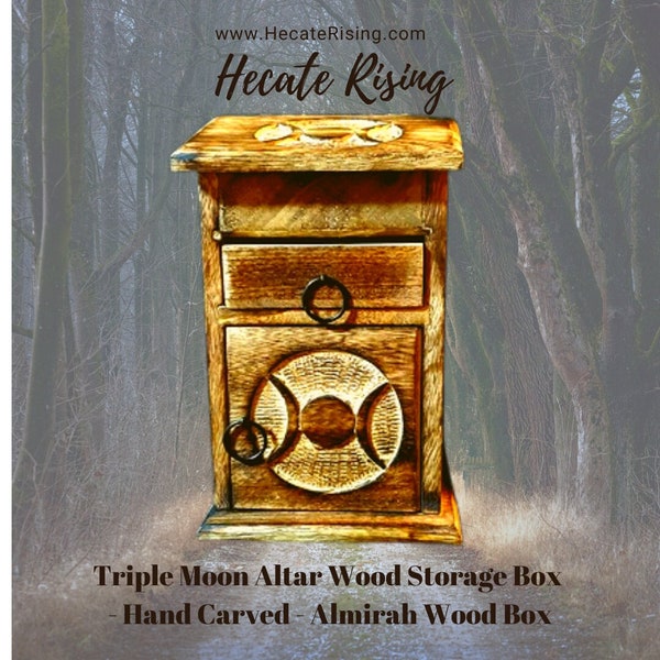 Triple Moon Altar Wood Storage Box - Hand Carved  - Pentacle Altar Wood Storage Box with Latch - Almirah Wood Box