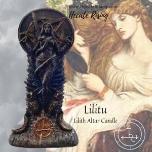 May include: A black and brown candle with a pentagram and a figure of a woman. The candle is labeled "Lililtu Lilith Altar Candle".