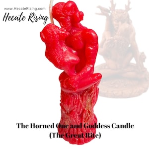 May include: Red candle depicting a horned god and goddess in a passionate embrace. The candle is labeled "The Horned One and Goddess Candle (The Great Rite)".