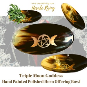 Triple Moon Goddess Hand Painted Polished Horn Offering Bowl - Charging Bowl