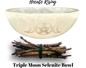 Triple Moon Selenite Bowl - Selenite Offering Bowl- Etched Triple Moon Selenite Bowl
