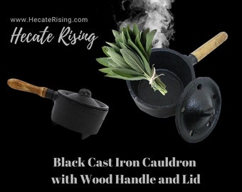 Black Cast Iron Cauldron with Wood Handle and Lid