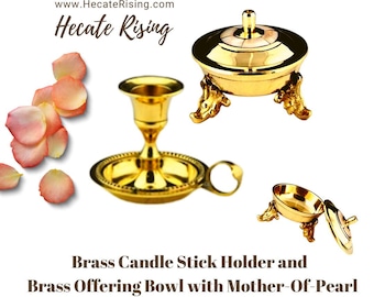 Brass Candle Holder and Multi-Purpose 3 Legged Brass Offering Bowl with Mother-Of-Pearl Inlaid Lid