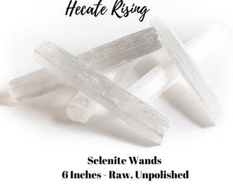 May include: Several raw, unpolished selenite wands, each approximately 6 inches long, are arranged against a white background. The wands are a translucent white color, with visible natural textures. The text "Hecate Rising" and "Selenite Wands" are also visible.