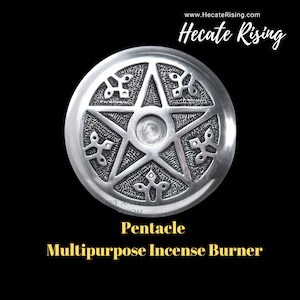 May include: Silver pentagram incense burner with intricate details. The burner is round and has a raised five-pointed star in the center.  The text "Pentacle Multipurpose Incense Burner" is below the burner.