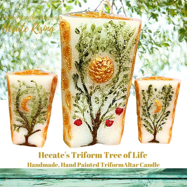 Hecate's Triform Tree of Life  - Hand Made, Hand Painted Triform Altar Candle