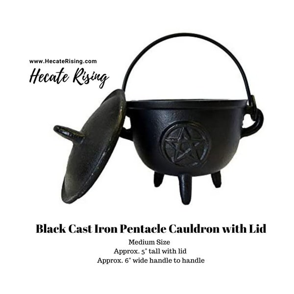 Black Cast Iron Cauldron with Lid (Medium Size) Pentacle or Triple Moon