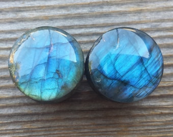 Rare! Pair of Real HIGH FLASH LABRADORITE Handmade Plugs Gauges Body Jewelry Double Flared - Pick Size