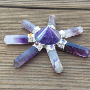 May include: Amethyst crystal chakra set with seven chakra stones and a pyramid shaped amethyst crystal in the center.