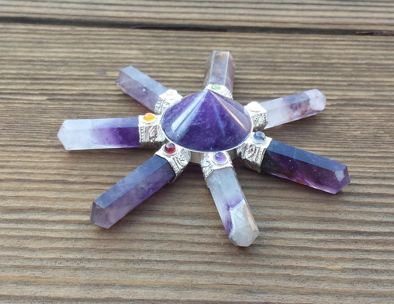 May include: Amethyst crystal chakra set with seven chakra stones and a pyramid shaped amethyst crystal in the center.