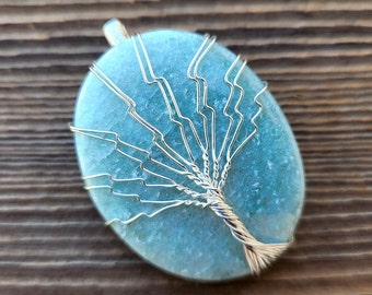 GREEN AVENTURINE OVAL Tree Of Life Wire Wrapped Pendant Gemstone