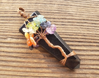 BLACK TOURMALINE COPPER Flat Point Tree Of Life Pendant Gemstone
