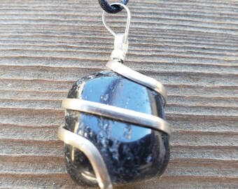BLACK TOURMALINE Spiral Wrapped Tumbled Stone Pendant Gemstone