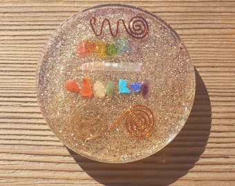 GOLDEN 7 CHAKRA  Orgone Gemstone Disk Charging Plate with OM Symbol