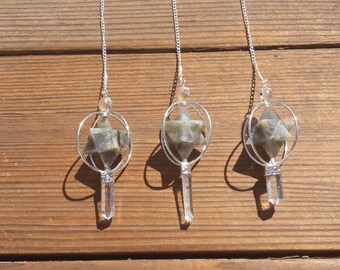 Natural LABRADORITE Gemstone 3 Stone Merkaba Spinning Star Faceted Pendulum