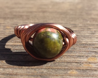 WIRE WRAPPED RING Unakite in Antiqued Copper Handmade