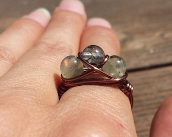 WIRE WRAPPED RING Prehnite in Antiqued Copper Handmade
