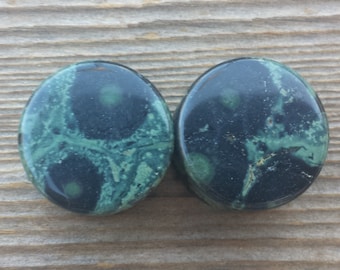 Pair of Real GREEN EYE JASPER Flat Plugs Gauges Body Jewelry Double Flared - Pick Size
