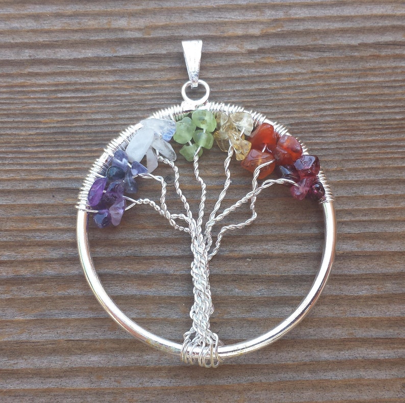 7 CHAKRA Tree Of Life Wire Wrapped Pendant Stone Natural Gemstone image 2