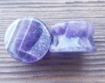 Pair of Real AMETHYST Flat Plugs Gauges Body Jewelry Double Flared - Pick Size