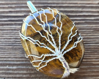 TIGER EYE OVAL Tree Of Life Wire Wrapped Pendant Gemstone