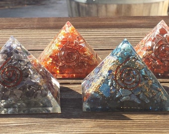 HUGE (70-75mm) 7 CHAKRA Complete Orgone Gemstone Pyramid Set Extra Large Pyramids Orgone