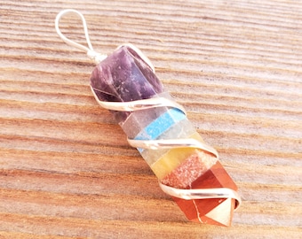 7 CHAKRA BONDED Spiral Wire Wrapped Pencil Point Pendant Gemstone