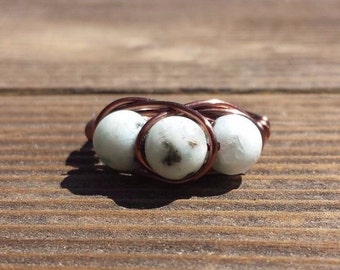 WIRE WRAPPED RING Kiwi (Lotus) Jasper in Antiqued Copper Handmade