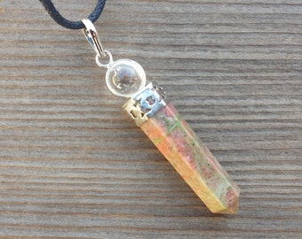 UNAKITE 2 Stone Crystal Point Pendant With Quartz Sphere and Cord Stone Natural Gemstone