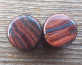 Pair of Real RED TIGER EYE Flat Plugs Gauges Body Jewelry Double Flared - Pick Size