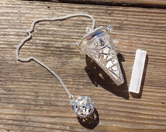 PENTACLE CAGE PENDULUM with Selenite Piece Gemstone