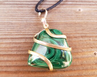 MALACHITE Spiral Wrapped Tumbled Stone Pendant Gemstone
