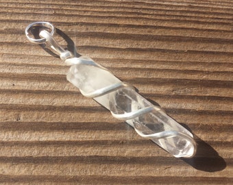 CLEAR QUARTZ Spiral Wire Wrapped Pencil Point Pendant Gemstone