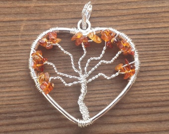 Heart Style HESSONITE GARNET Tree Of Life Wire Wrapped Pendant Stone Natural Gemstone