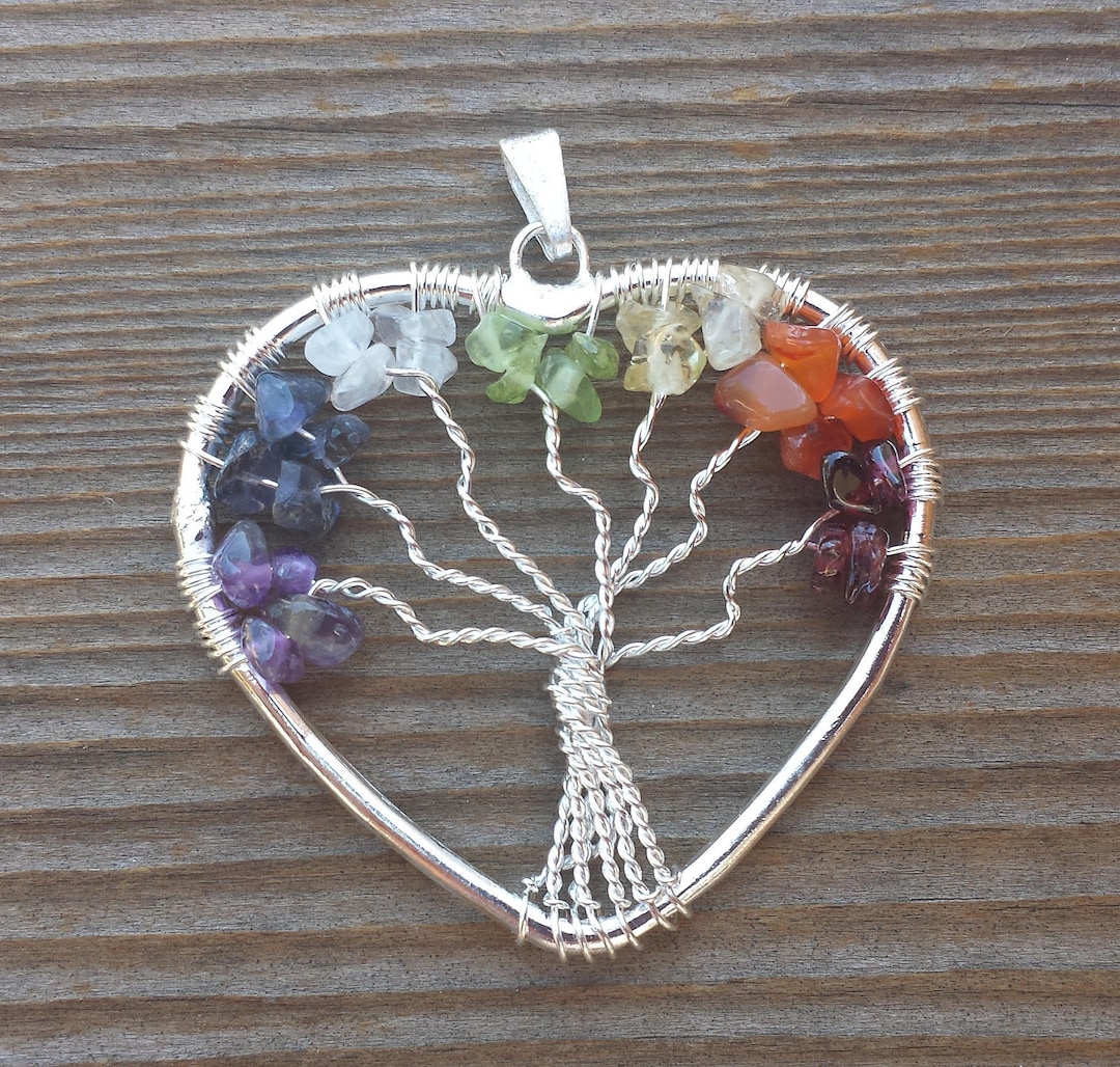 Heart Style CHAKRA Tree of Life Wire Wrapped Pendant Stone