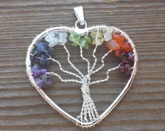 Heart Style 7 CHAKRA Tree Of Life Wire Wrapped Pendant Stone Natural Gemstone