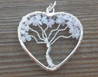 Heart Style ROSE QUARTZ Tree Of Life Wire Wrapped Pendant Stone Natural Gemstone