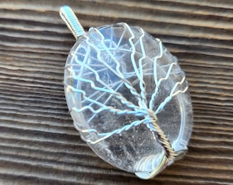 CLEAR QUARTZ OVAL Tree Of Life Wire Wrapped Pendant Gemstone