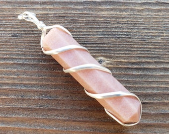 PINK AVENTURINE Spiral Wire Wrapped Pencil Point Pendant Gemstone
