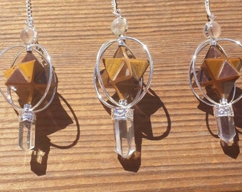 Natural TIGER EYE Gemstone 3 Stone Merkaba Spinning Star Faceted Pendulum