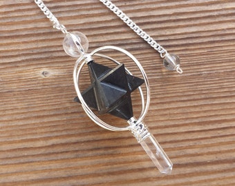 Natural BLACK TOURMALINE Gemstone 3 Stone Merkaba Spinning Star Faceted Pendulum