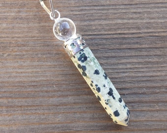 DALMATIAN JASPER 2 Stone Crystal Point Pendant With Quartz Sphere and Cord Stone Natural Gemstone