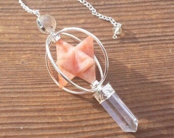 Natural SUNSTONE Gemstone 3 Stone Merkaba Spinning Star Faceted Pendulum