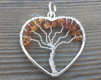 Heart Style CITRINE Tree Of Life Wire Wrapped Pendant Stone Natural Gemstone