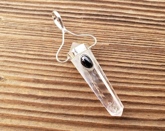 Natural CLEAR QUARTZ And BLACK Tourmaline Crystal D - Point Pendant Gemstone