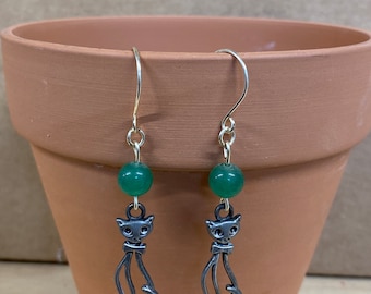 CAT EARRINGS with  Gemstone Green Aventurine Handmade Gemstone  Earrings