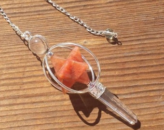 Natural RED AVENTURINE Gemstone 3 Stone Merkaba Spinning Star Faceted Pendulum