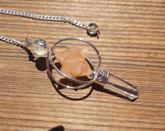 Natural PEACH AVENTURINE GEMSTONE 3 Stone Merkaba Spinning Star Faceted Pendulum